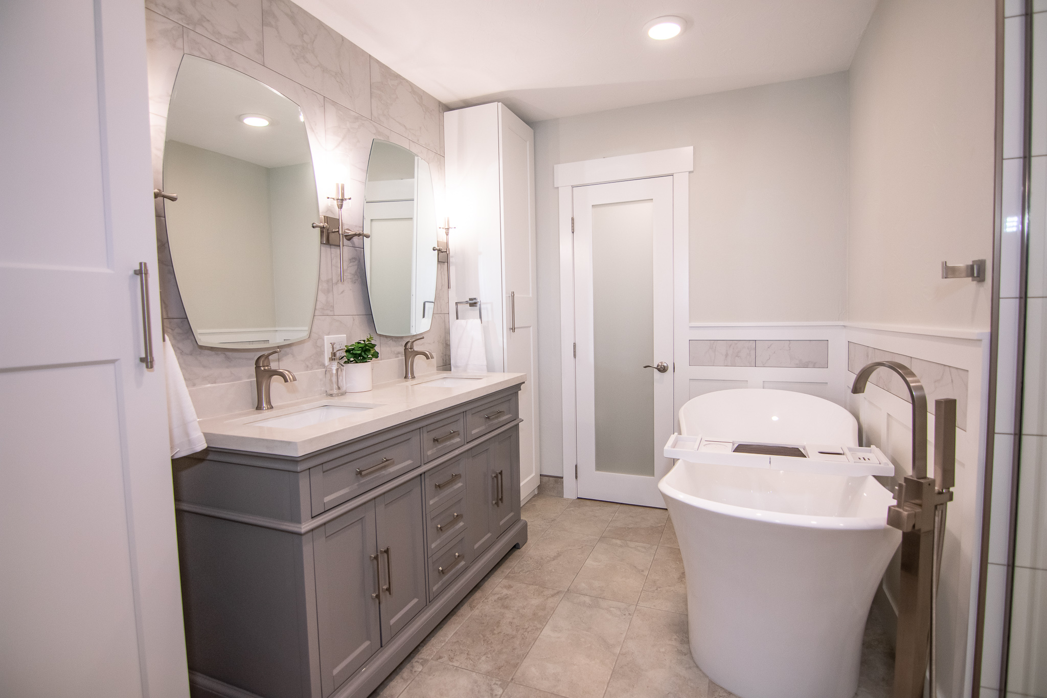 Gray cabinetry bathroom
